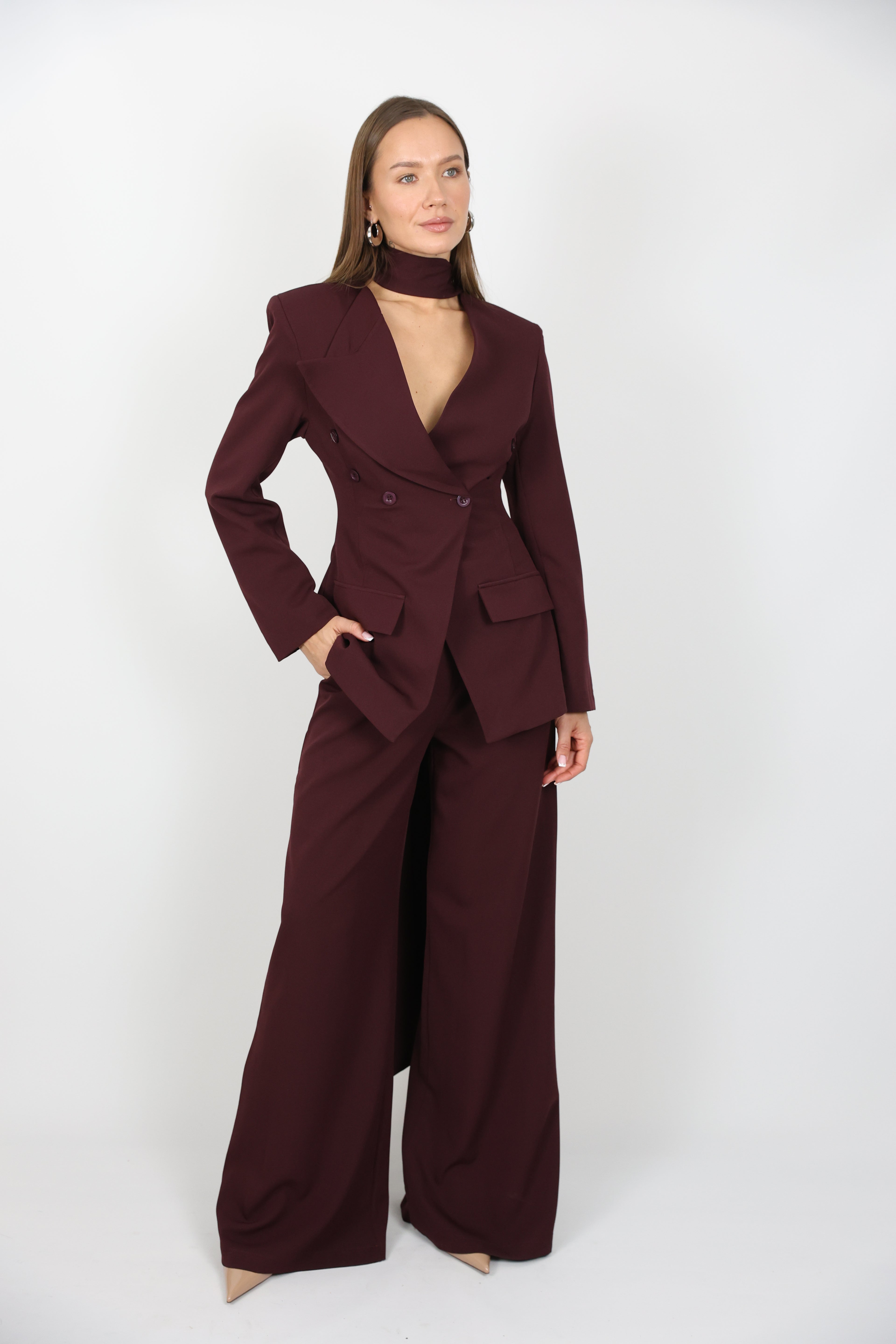 Çıkarılabilir Şal Detaylı Ceket Pantolon Takım