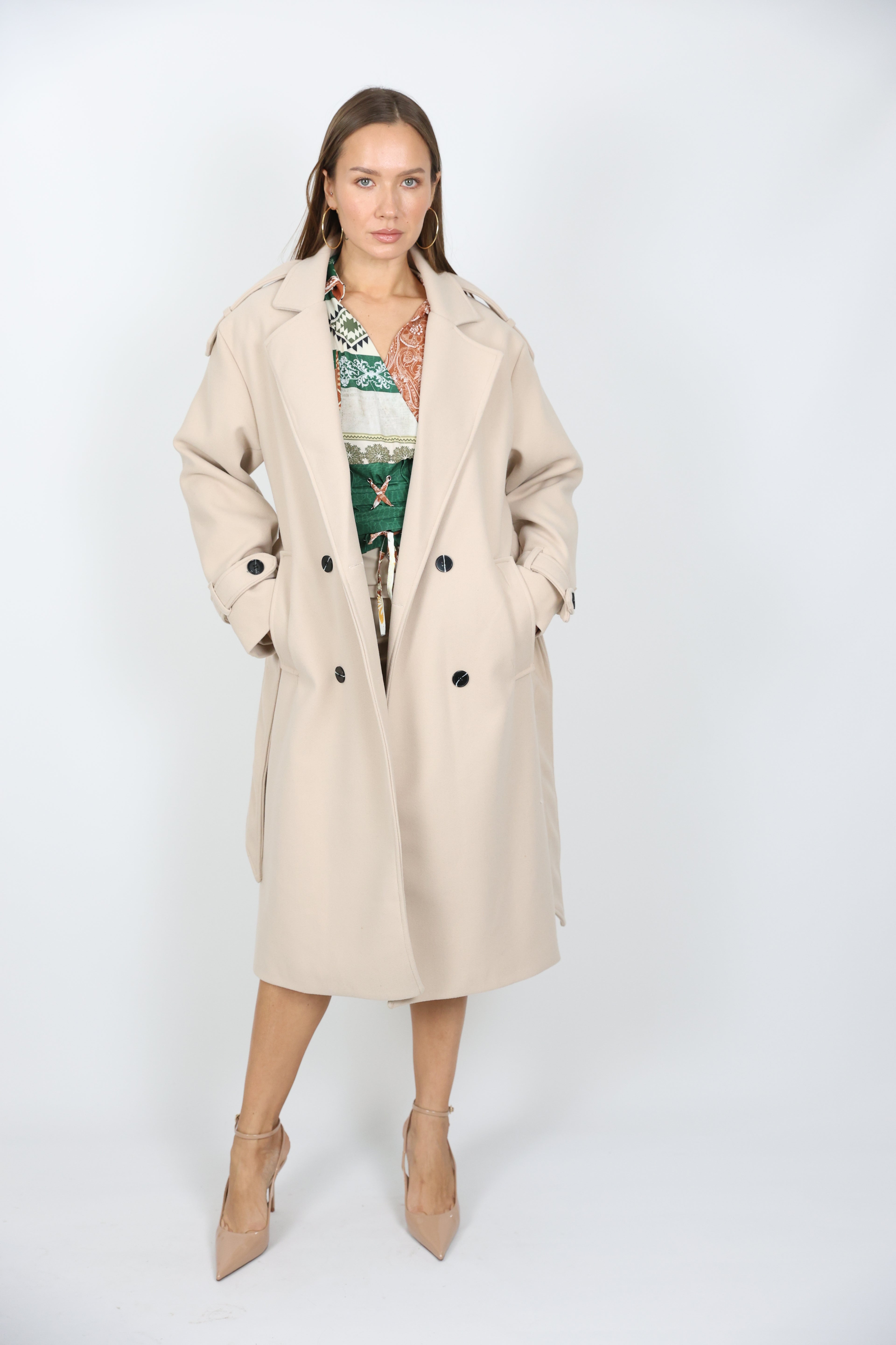 Uzun Kaşe Krem Renk Kaban