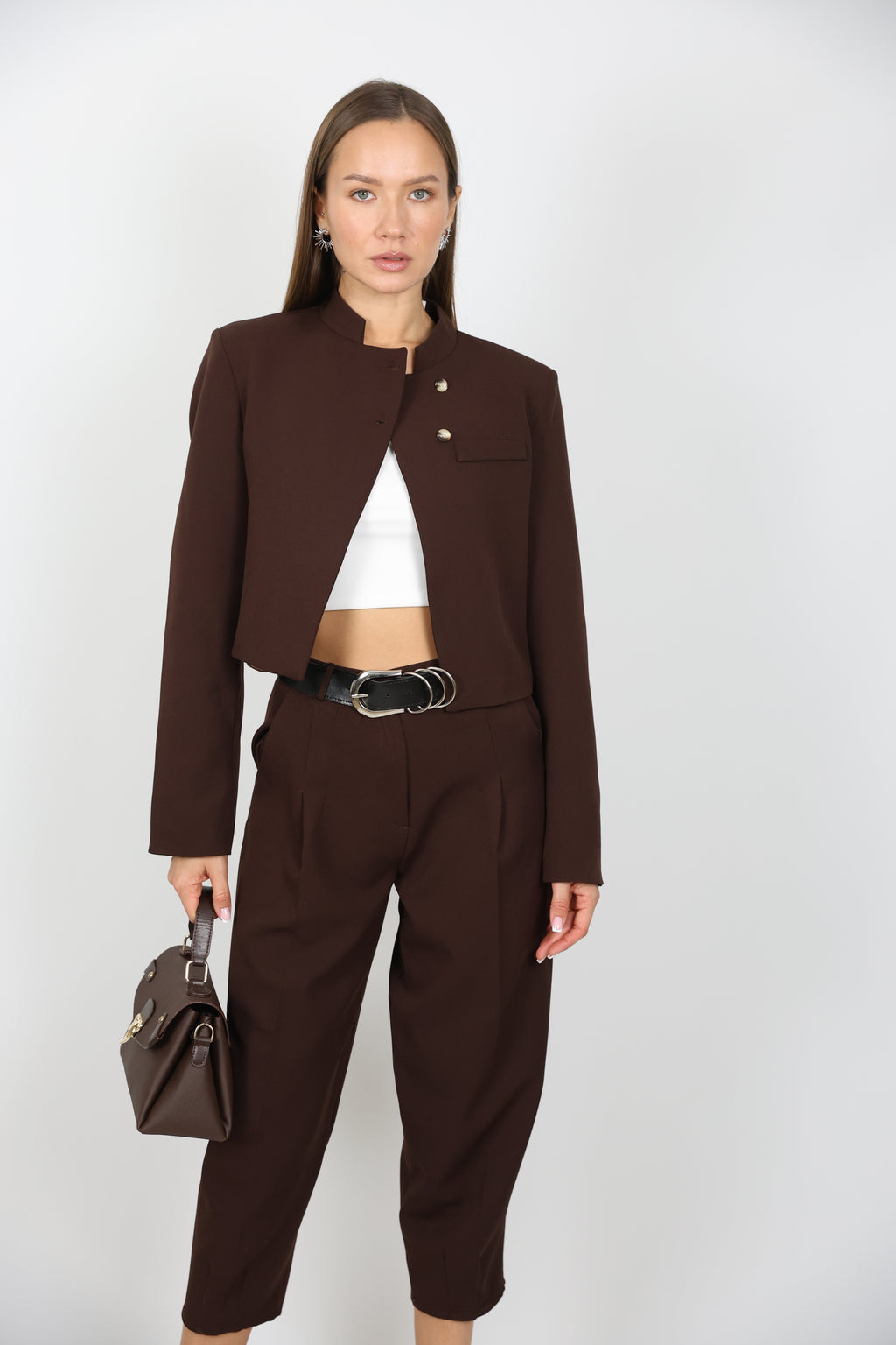 Kahverengi Balon Pantolon Ceket Takım