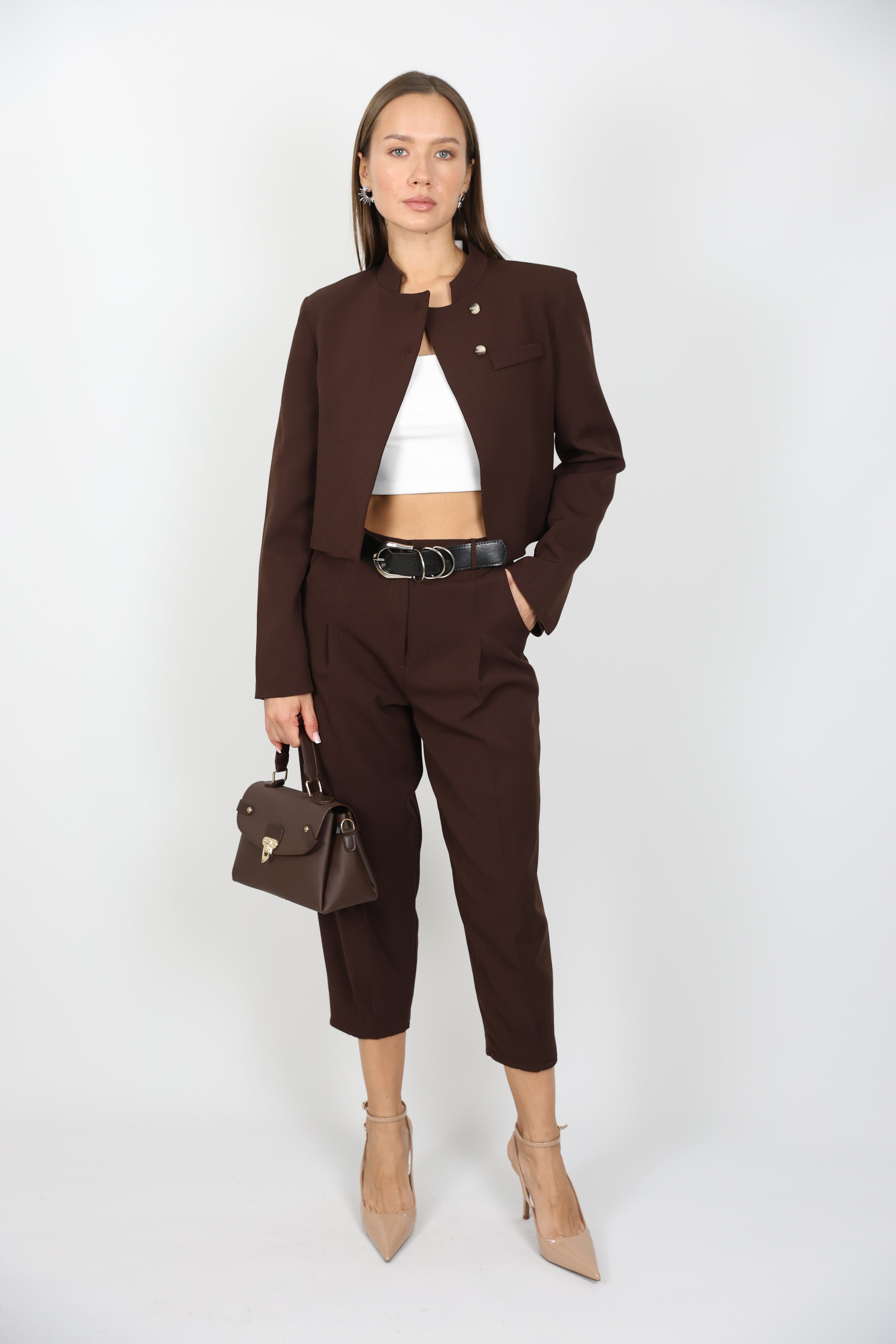 Kahverengi Balon Pantolon Ceket Takım