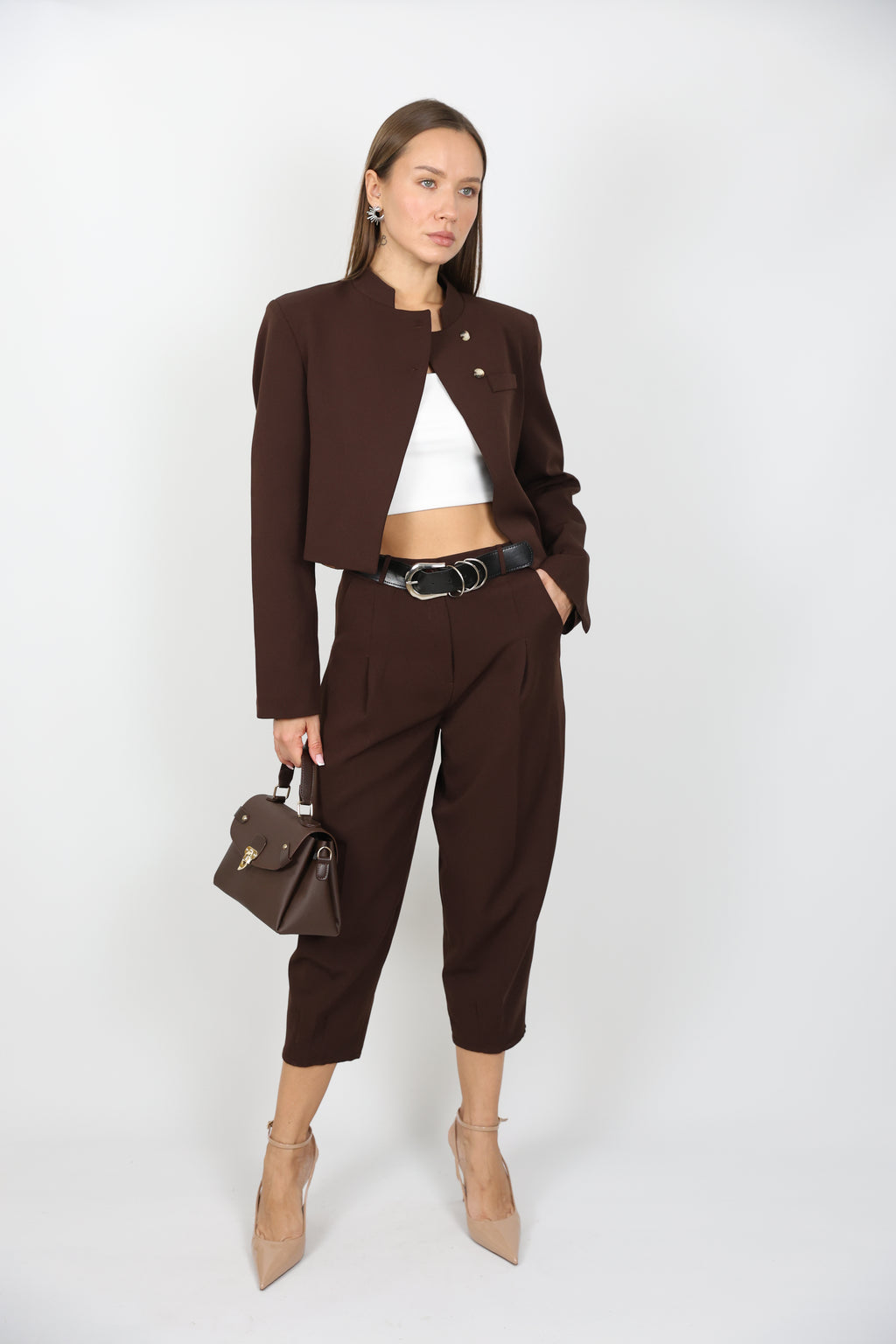 Kahverengi Balon Pantolon Ceket Takım