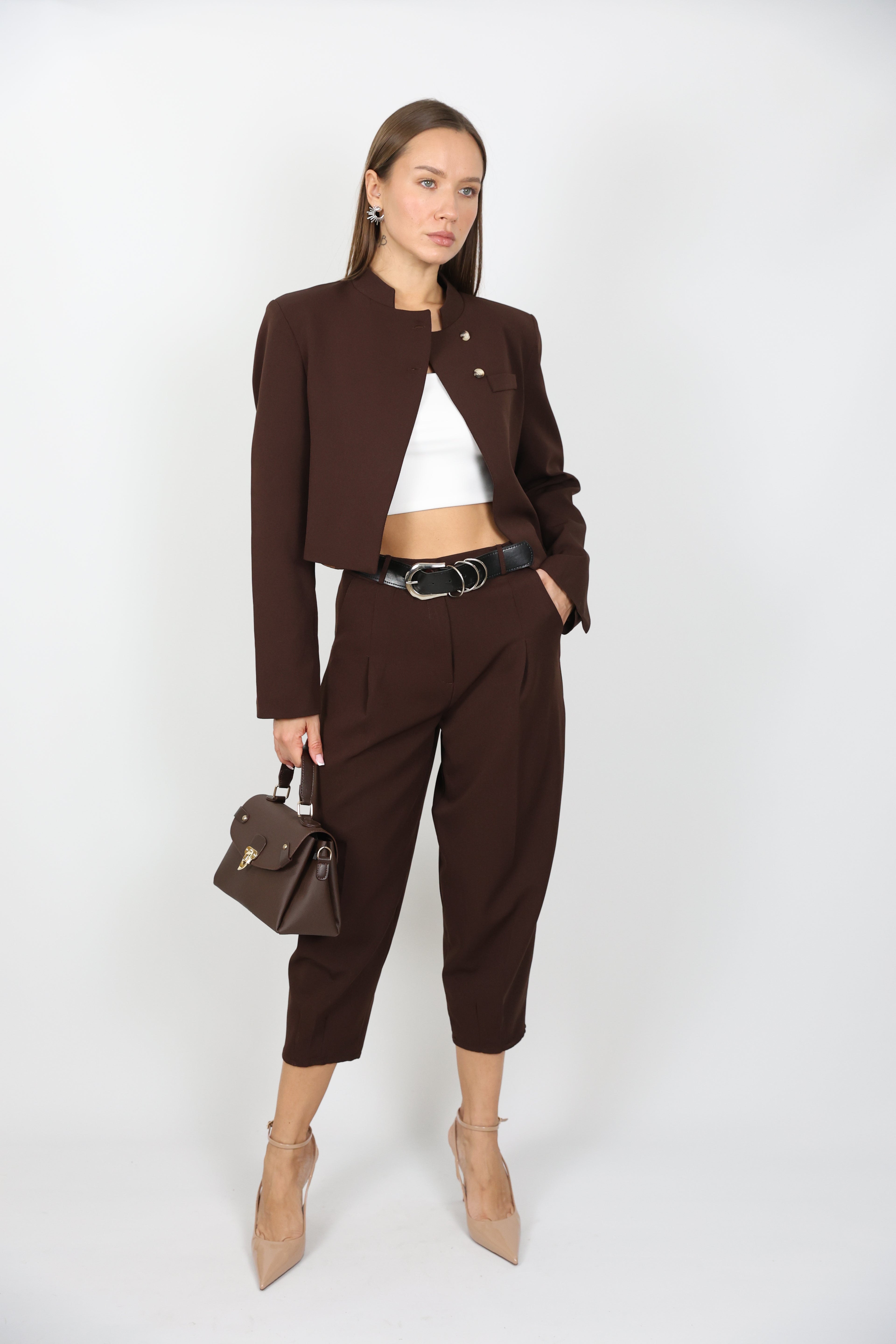 Kahverengi Balon Pantolon Ceket Takım